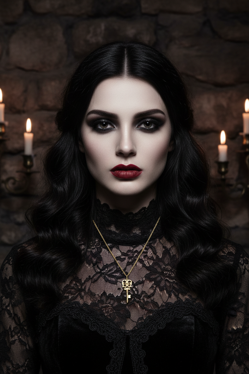 Woman in a dark, lacey outfit wearing a gold key necklace with candles in the background