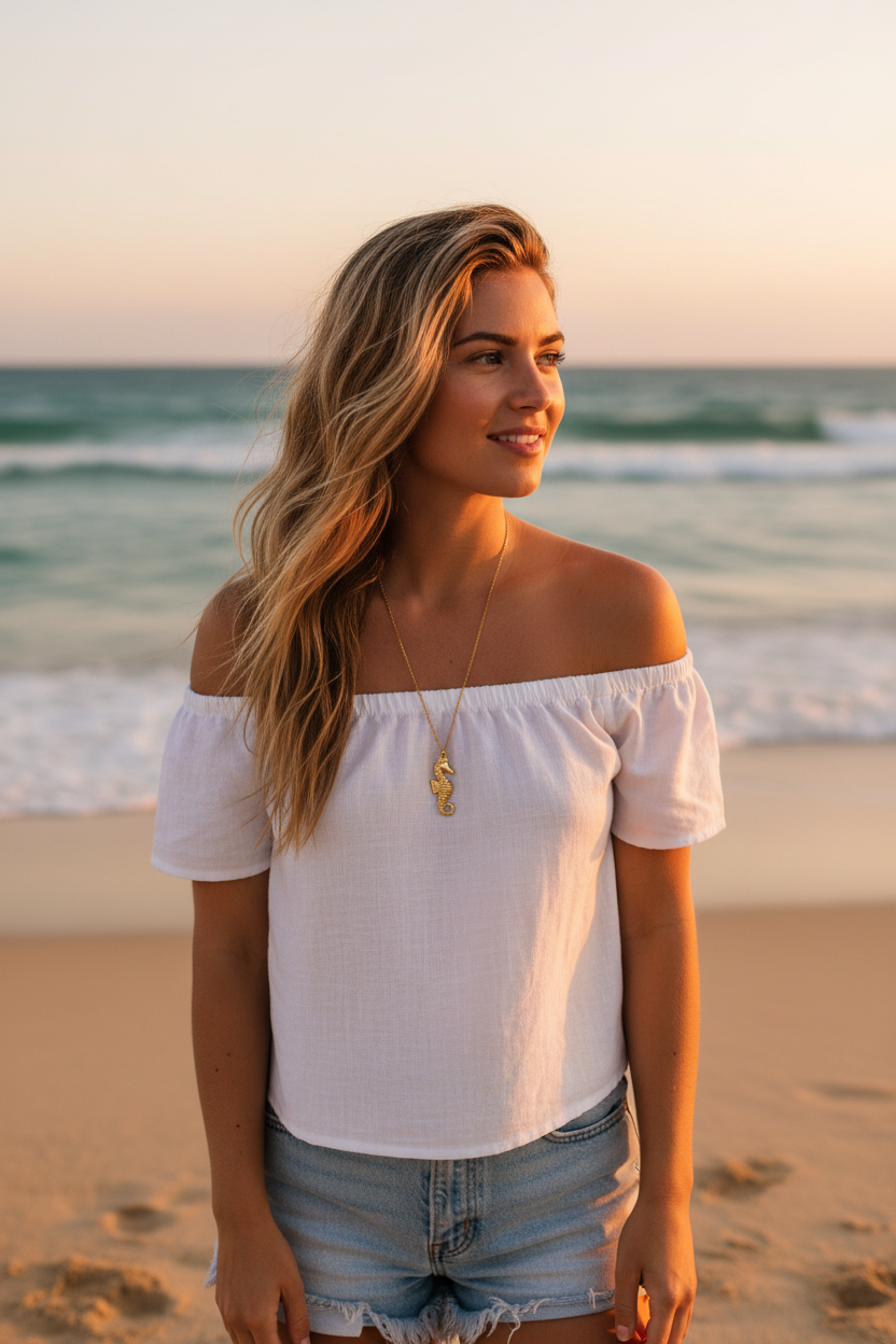 Woman in a white off-shoulder top with a gold seahorse necklace and denim shorts standing on a beach at sunset.