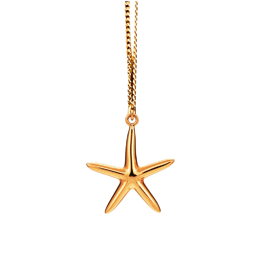 Gold starfish pendant on a chain against a white background
