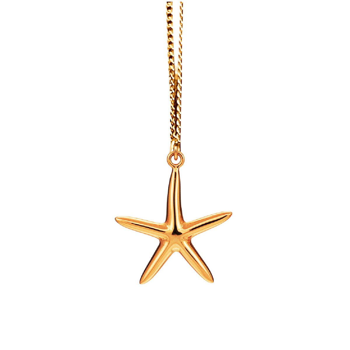 Gold starfish pendant on a chain against a white background
