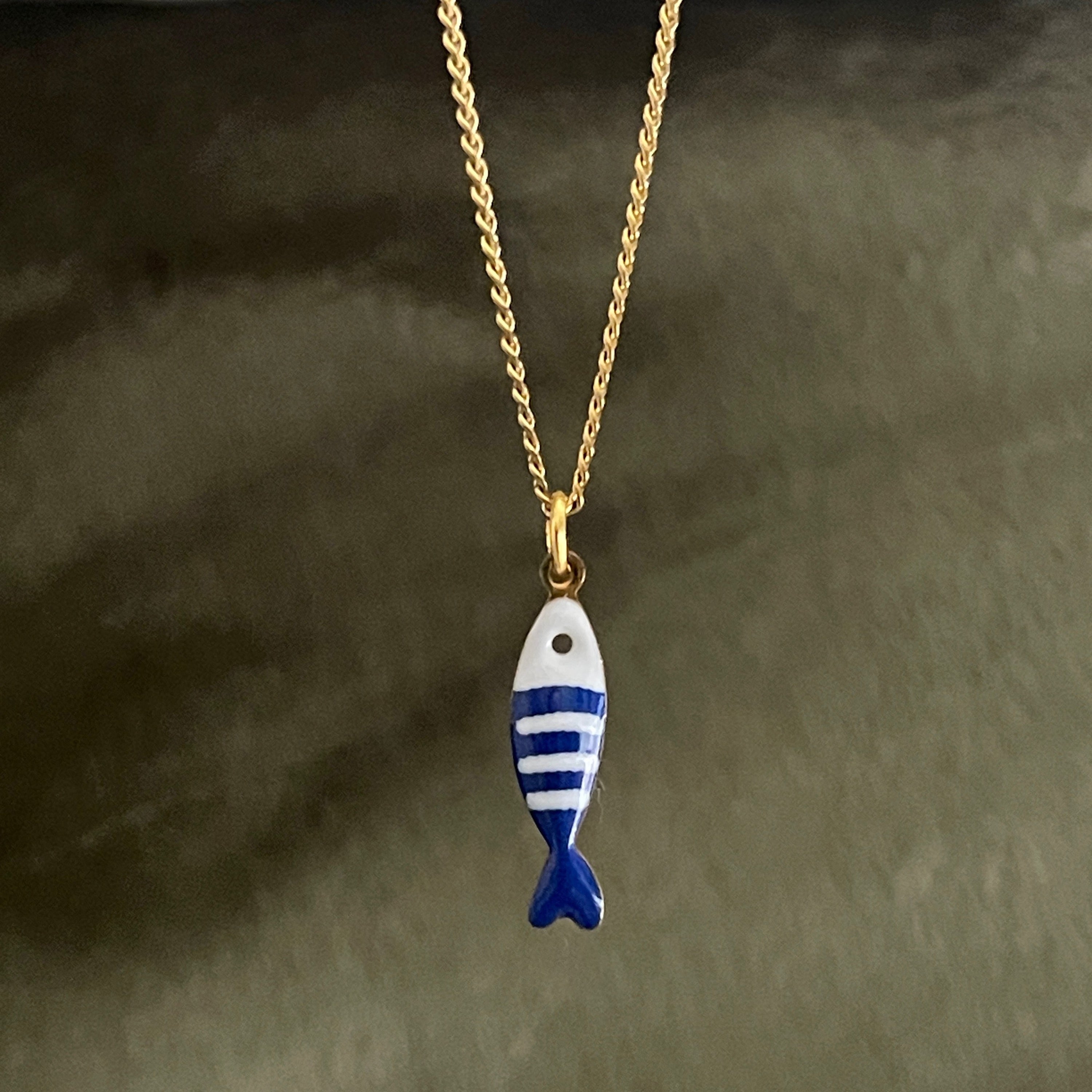 Necklace with a fish-shaped pendant on a dark background