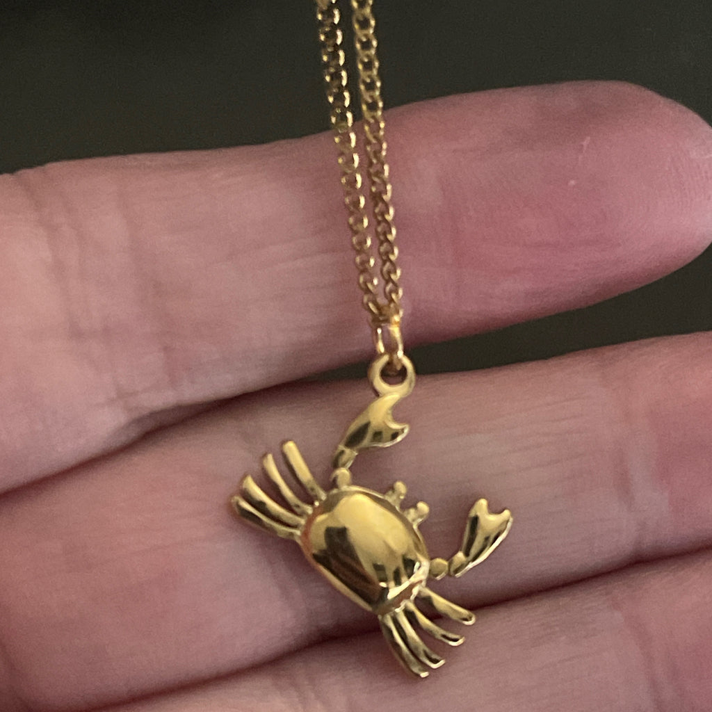 Gold crab pendant on a chain held between fingers against a dark background