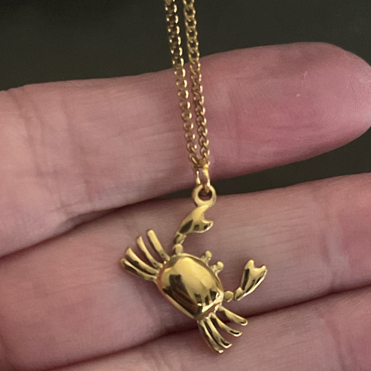 Gold crab pendant on a chain held between fingers against a dark background