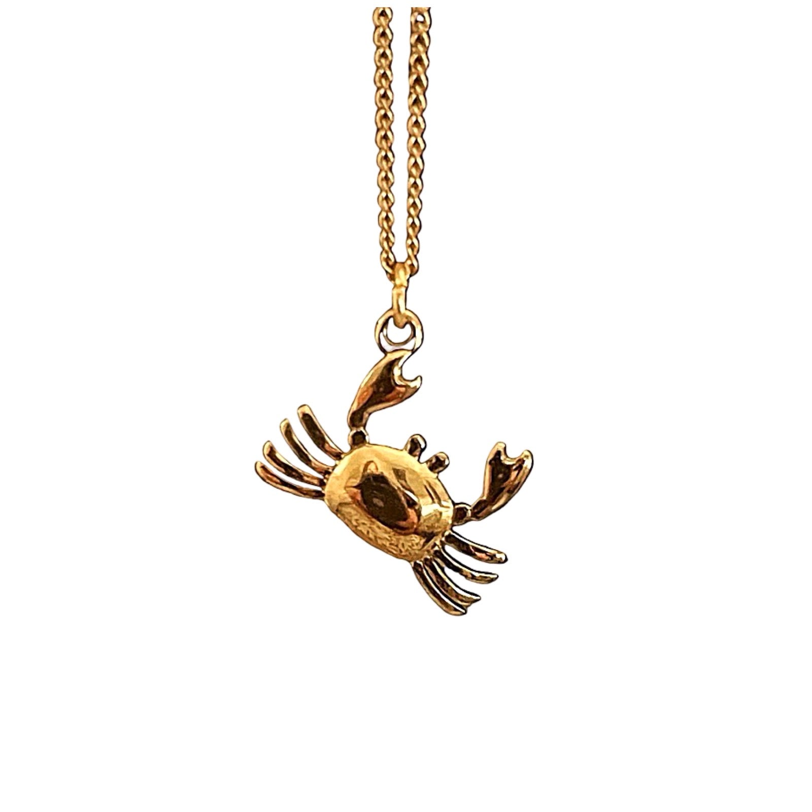 Gold crab-shaped pendant on a chain against a white background