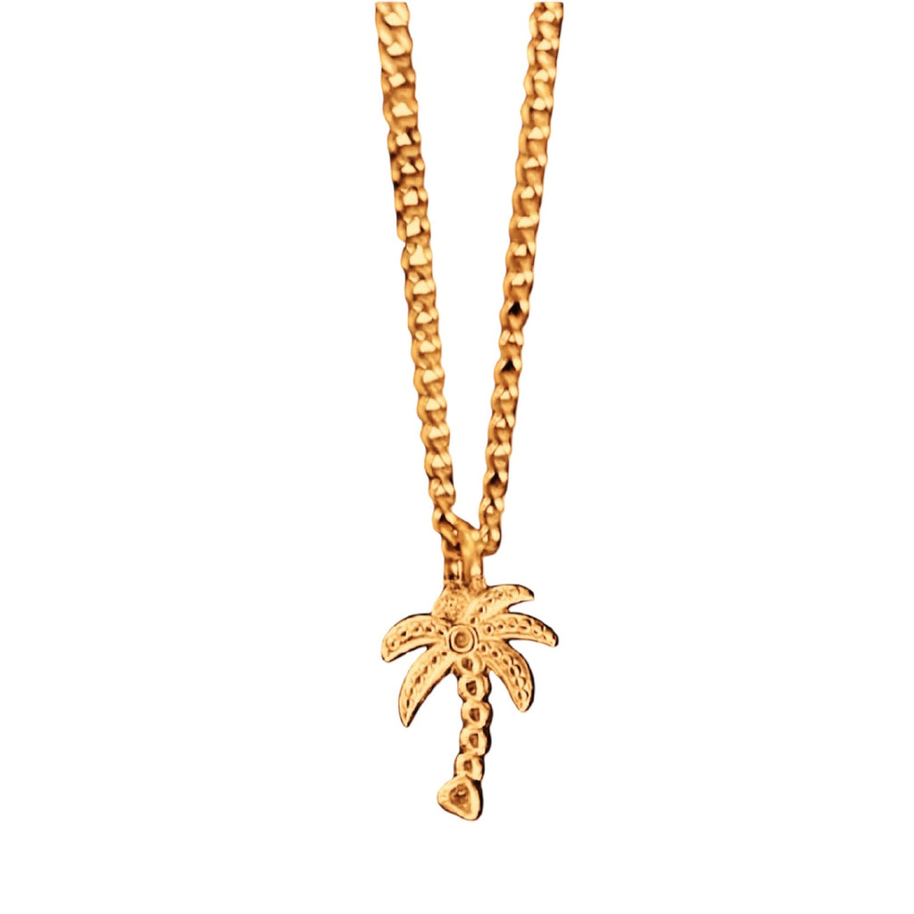 Gold necklace with a palm tree pendant on a white background