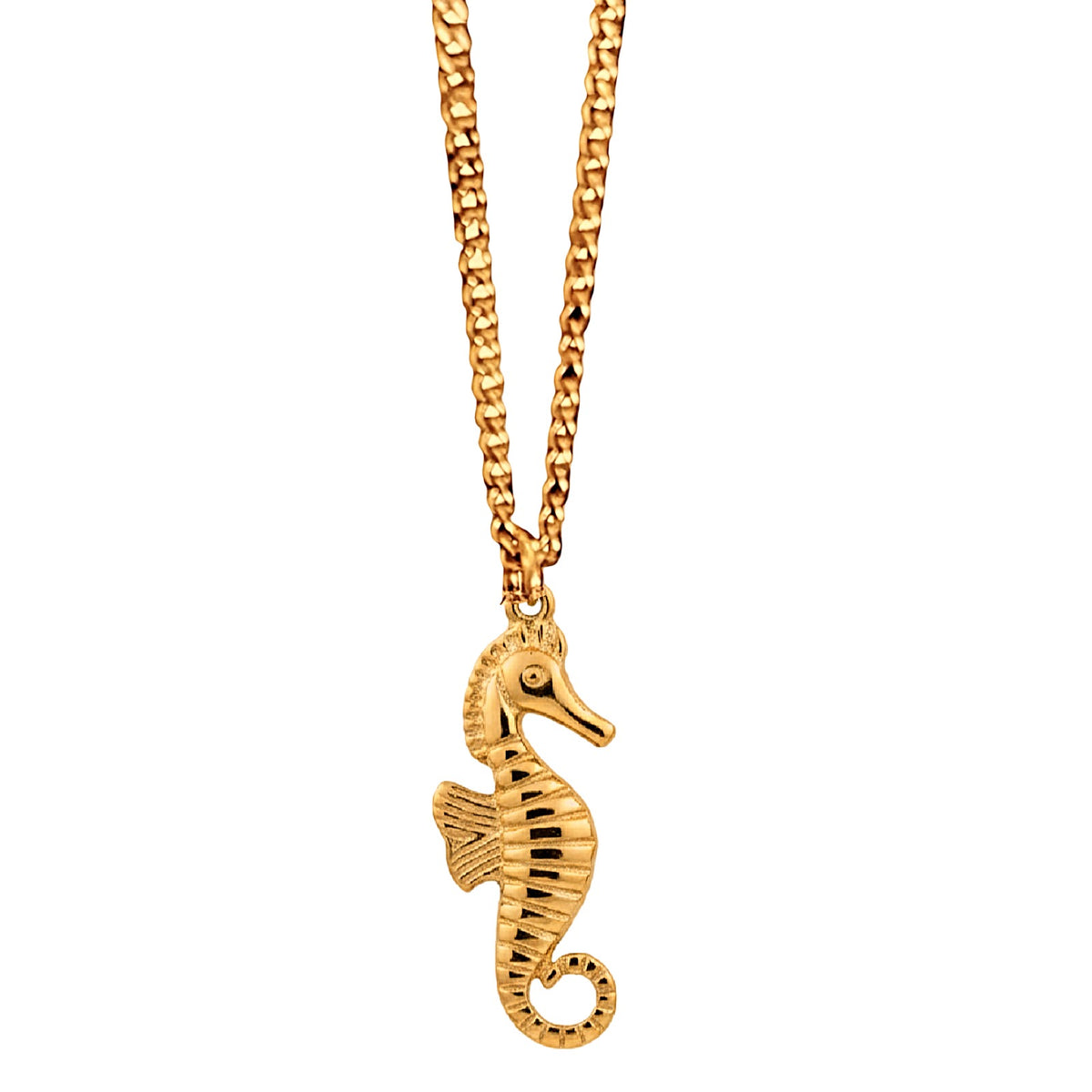 Gold seahorse pendant on a chain against a white background