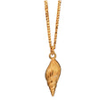 Gold shell pendant on a chain against a white background