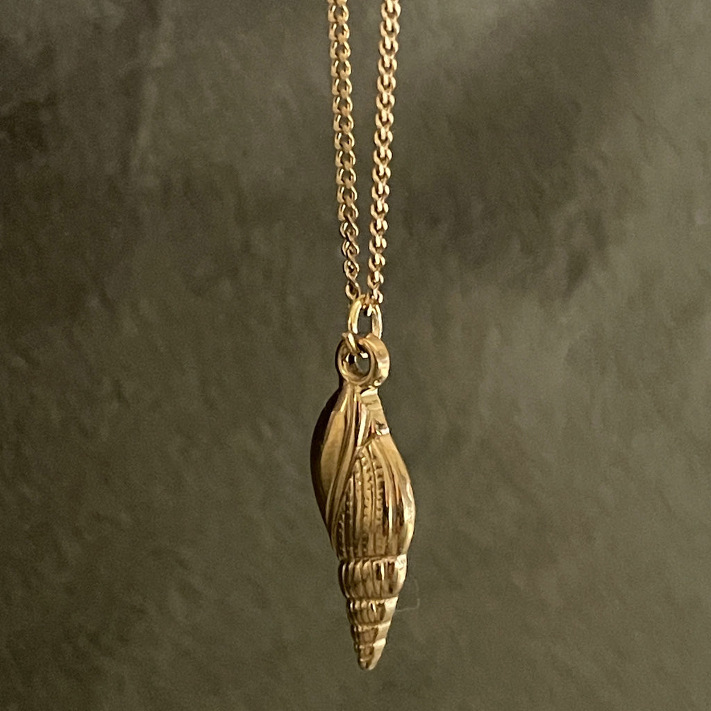 Gold shell pendant necklace on a dark gray background