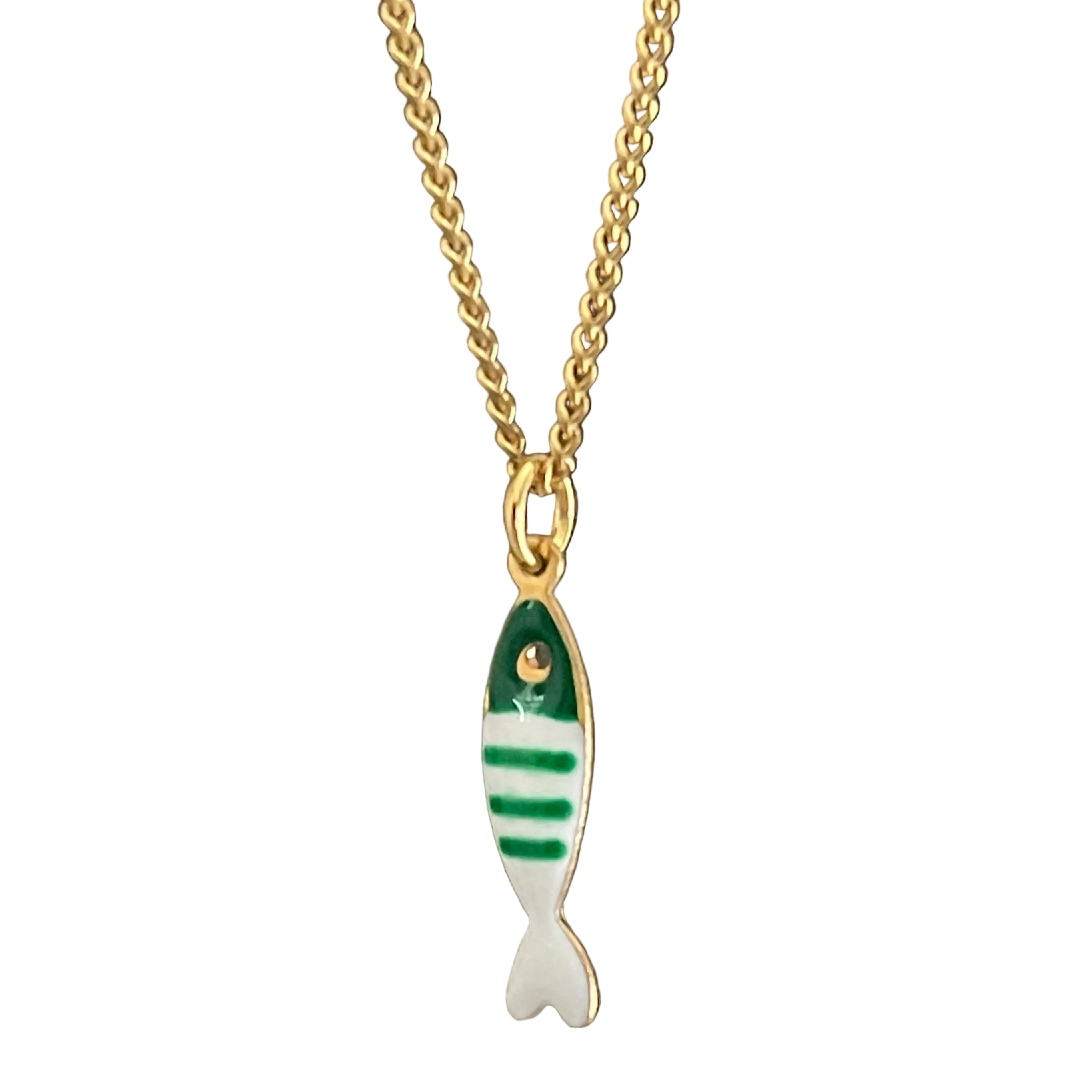 Gold necklace with a green and white fish pendant on a white background