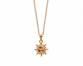 Gold sun-shaped pendant necklace on a white background