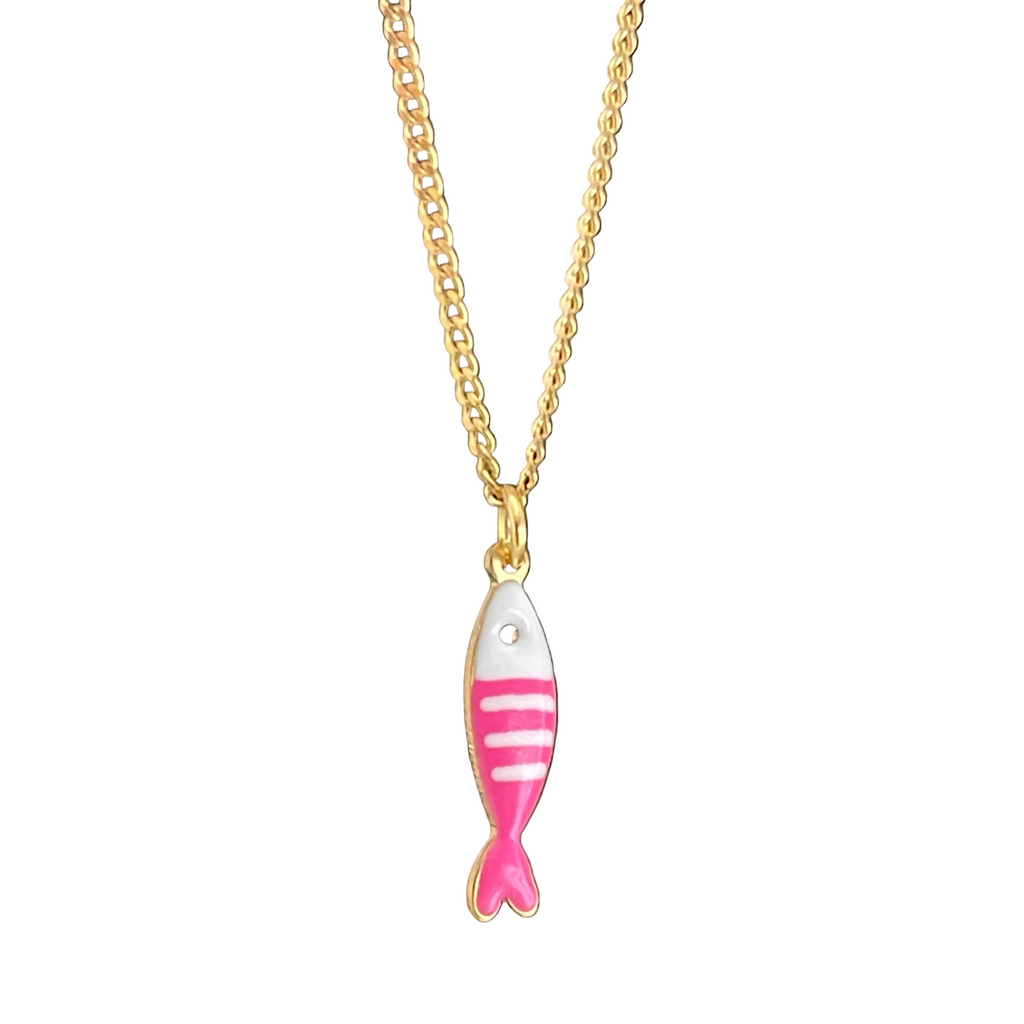 Gold necklace with pink and white fish pendant 