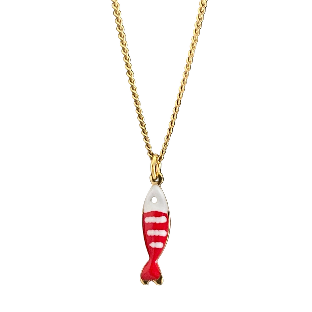 Gold necklace with red and white fish pendant 