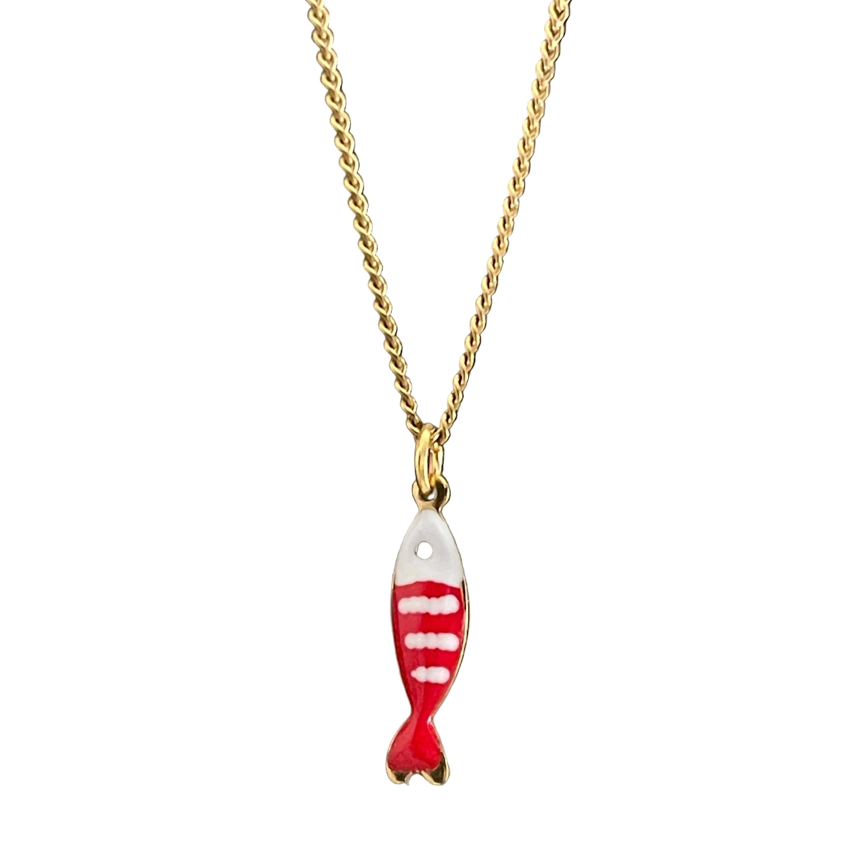 Gold necklace with red and white fish pendant 