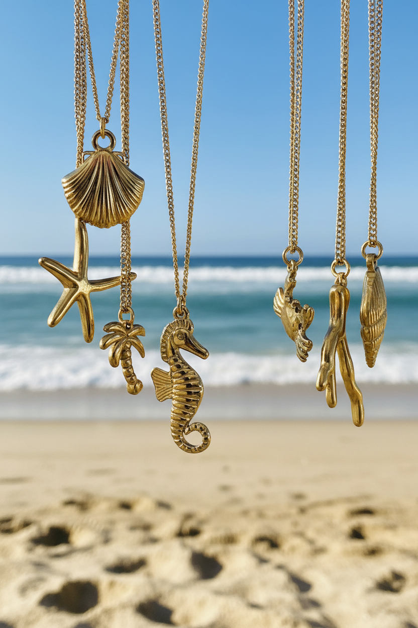 Gold necklaces with seashell, starfish, and seahorse pendants against a beach background.