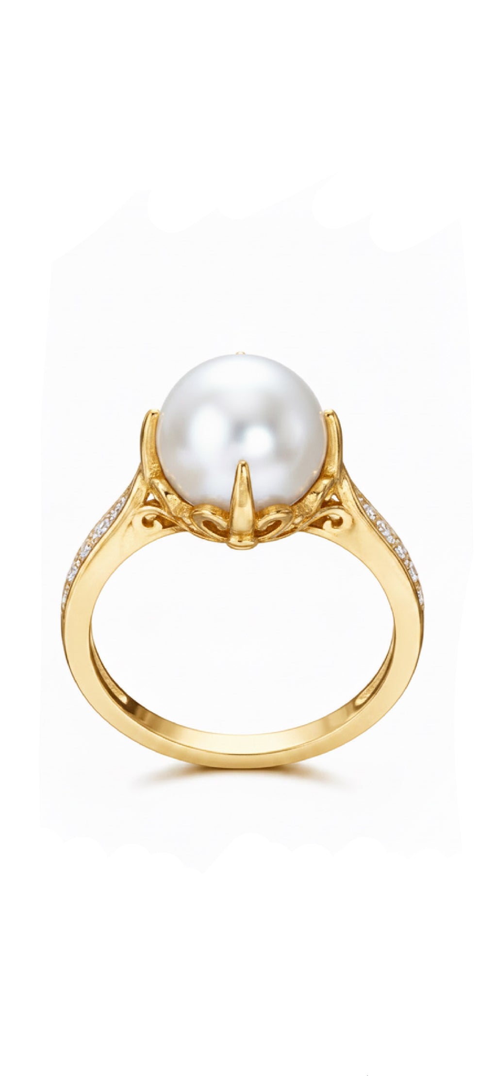 A yellow gold ring featuring a large, round white pearl in a prong setting, with small clear stones along the shoulders, shown against a plain white background.