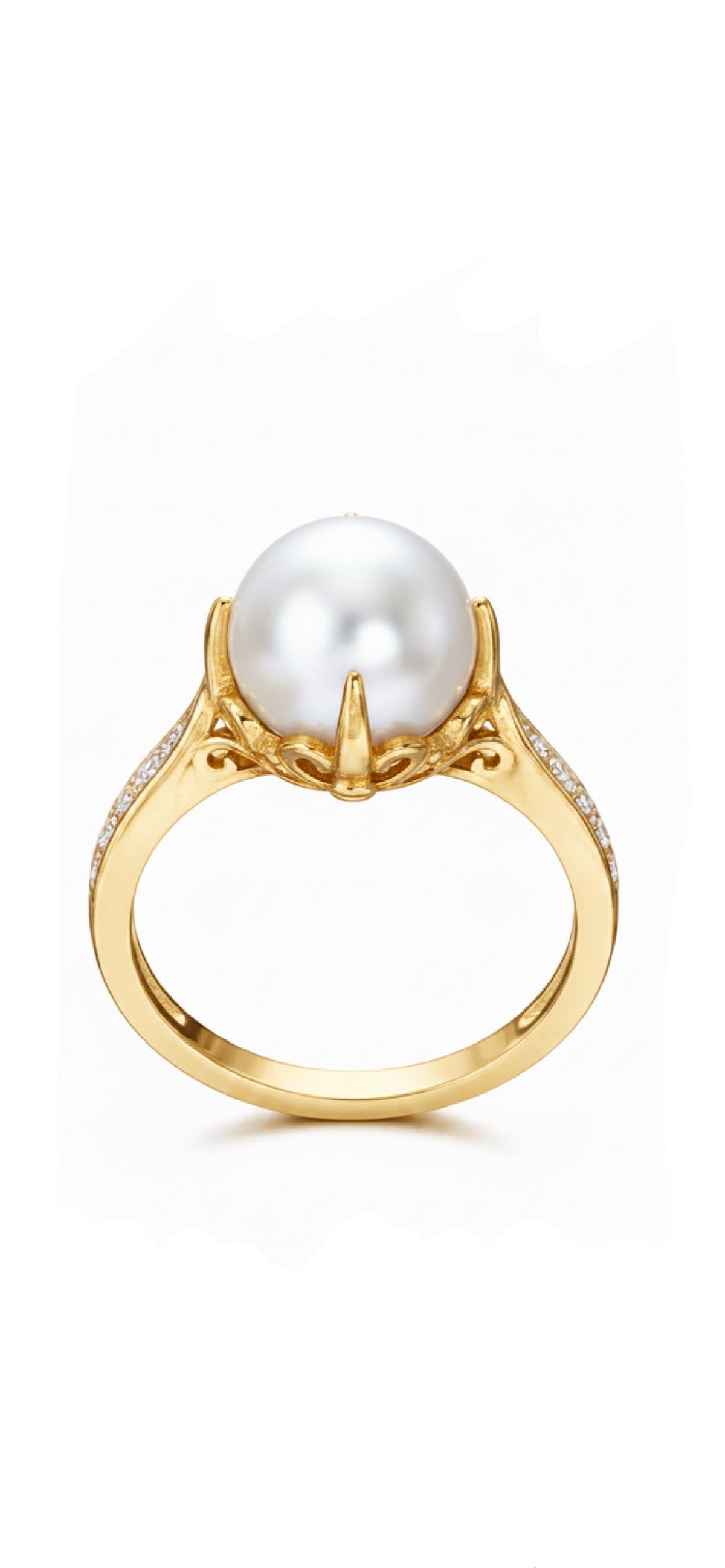 A yellow gold ring featuring a large, round white pearl in a prong setting, with small clear stones along the shoulders, shown against a plain white background.