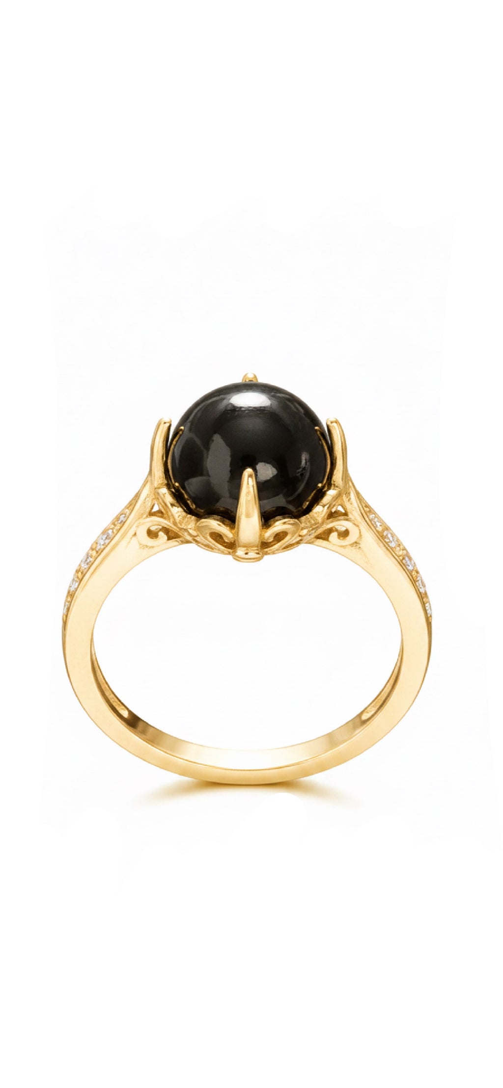 A yellow gold ring featuring a large, round black gemstone in a prong setting, with delicate filigree detailing on the shoulders, shown against a plain white background.