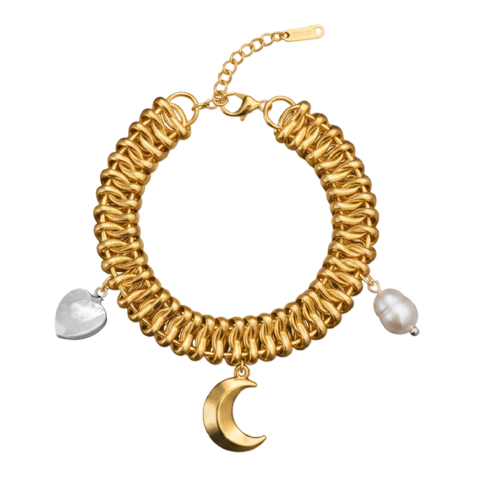 Gold bracelet with moon and heart charms on a white background