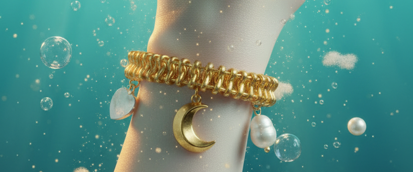 A hand wearing a chunky gold bracelet with heart, moon and pearl charms on a turquoise background with bubbles and pearls.