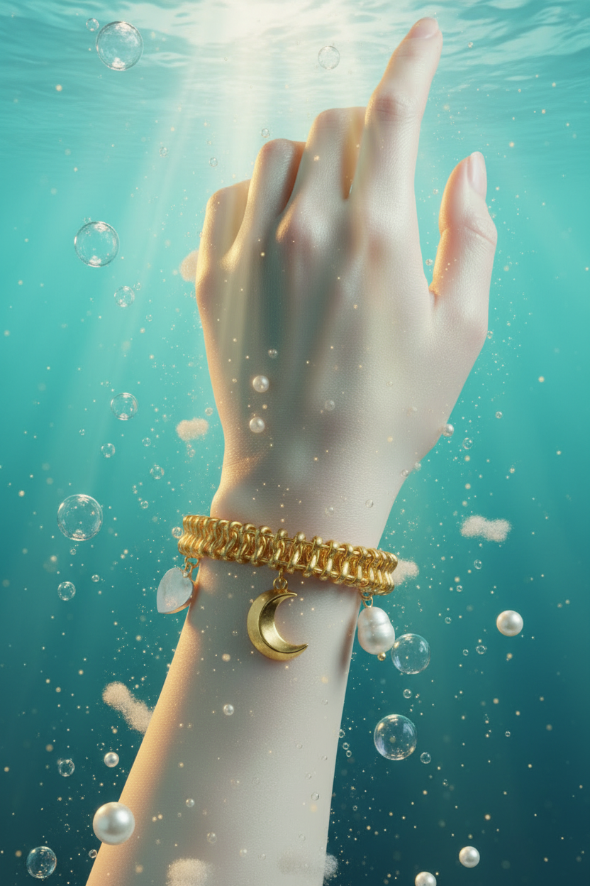 A gold-toned double-strand beaded bracelet with a crescent moon charm worn on a person's wrist, shown underwater with bubbles and light rays filtering through the blue-green water.
