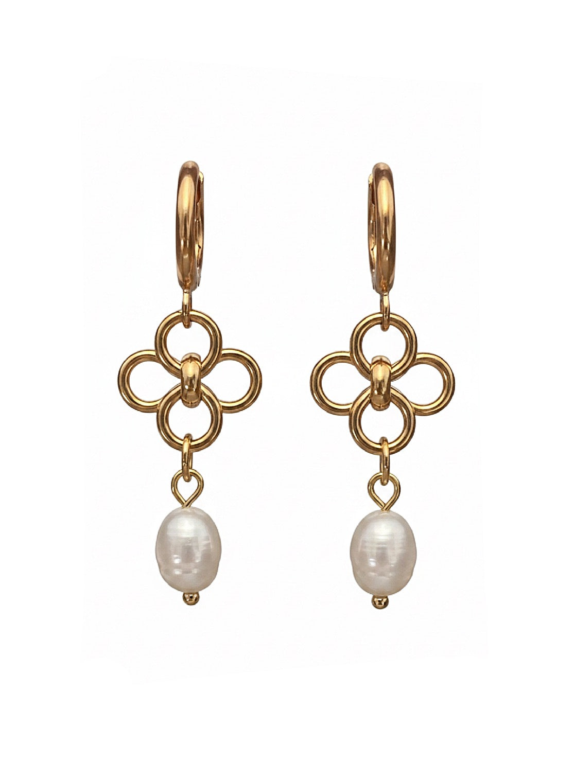 A pair of gold dangle earrings with a five-ring floral motif and a hanging baroque pearl, shown on a plain white background.