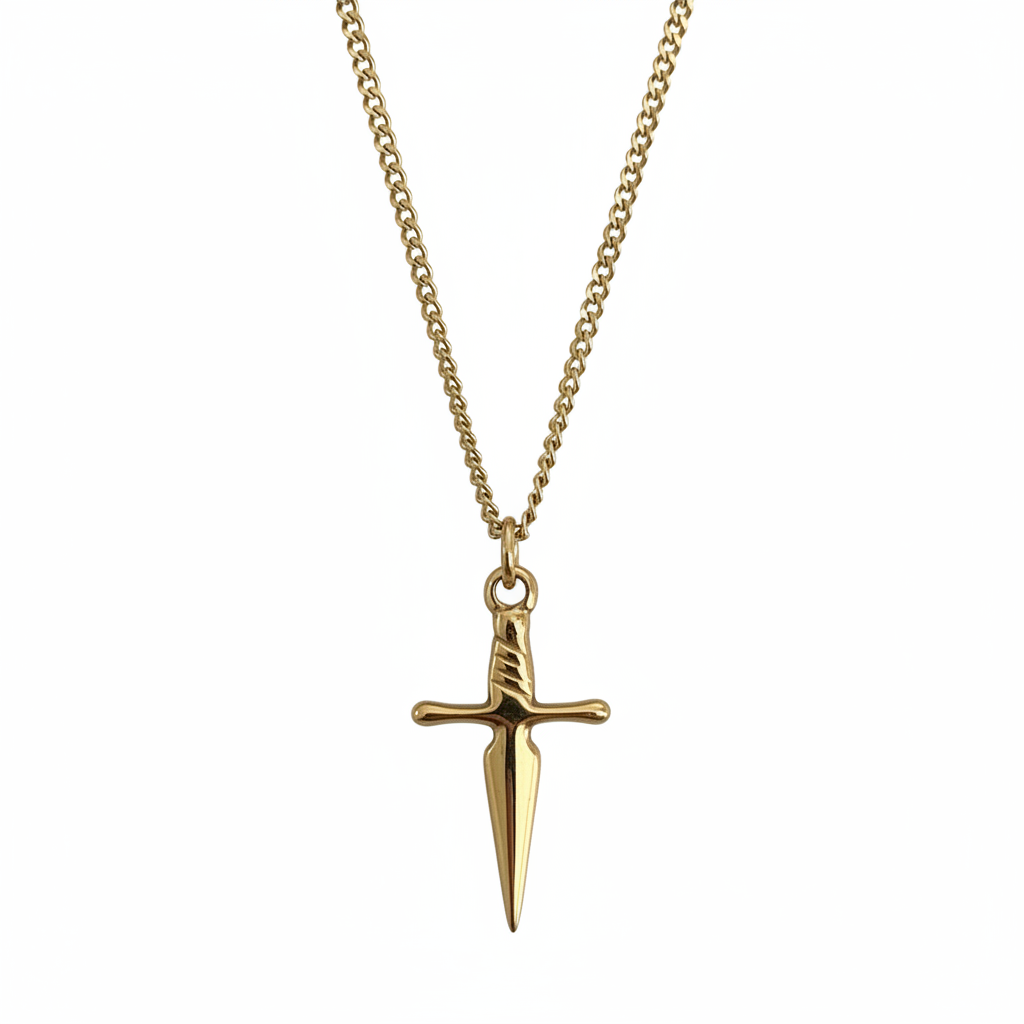 Gold necklace with a sword-shaped pendant on a white background