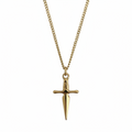 Gold necklace with a sword-shaped pendant on a white background