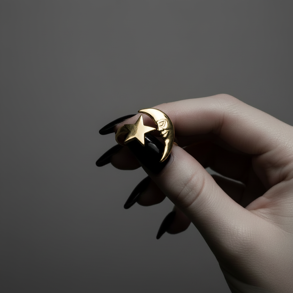 Gold ring with star design held by a hand against a dark background