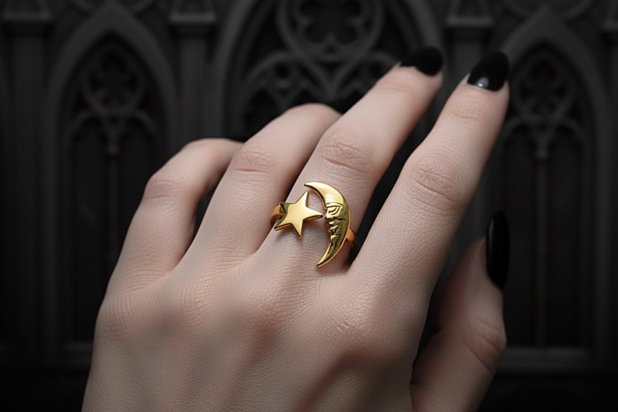 Gold ring with moon and star design on a hand against a dark background