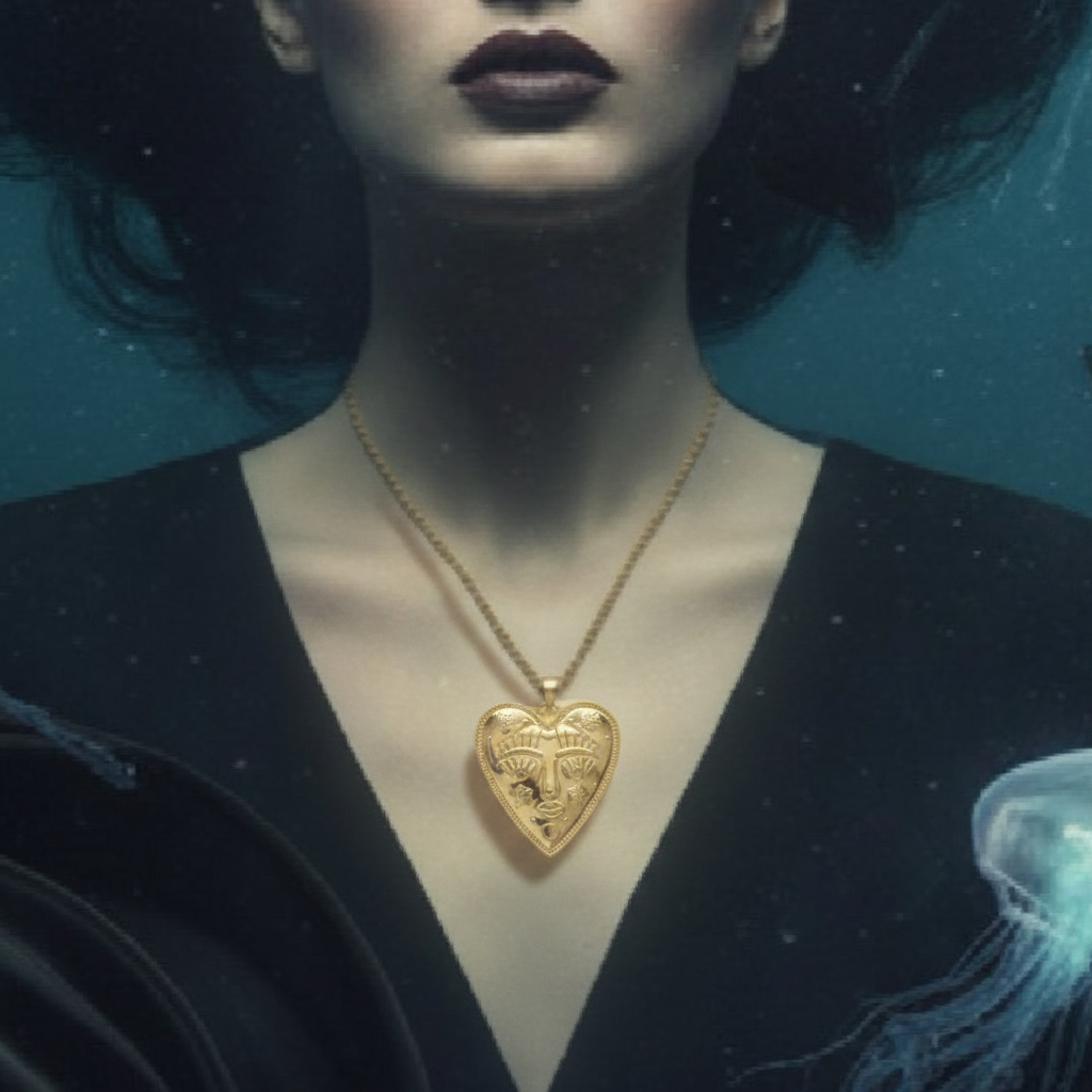 A close-up of a woman's lower face and upper chest wearing a gold heart-shaped pendant necklace. The background is a dark teal underwater-like scene with floating particles and a faint jellyfish on the right.