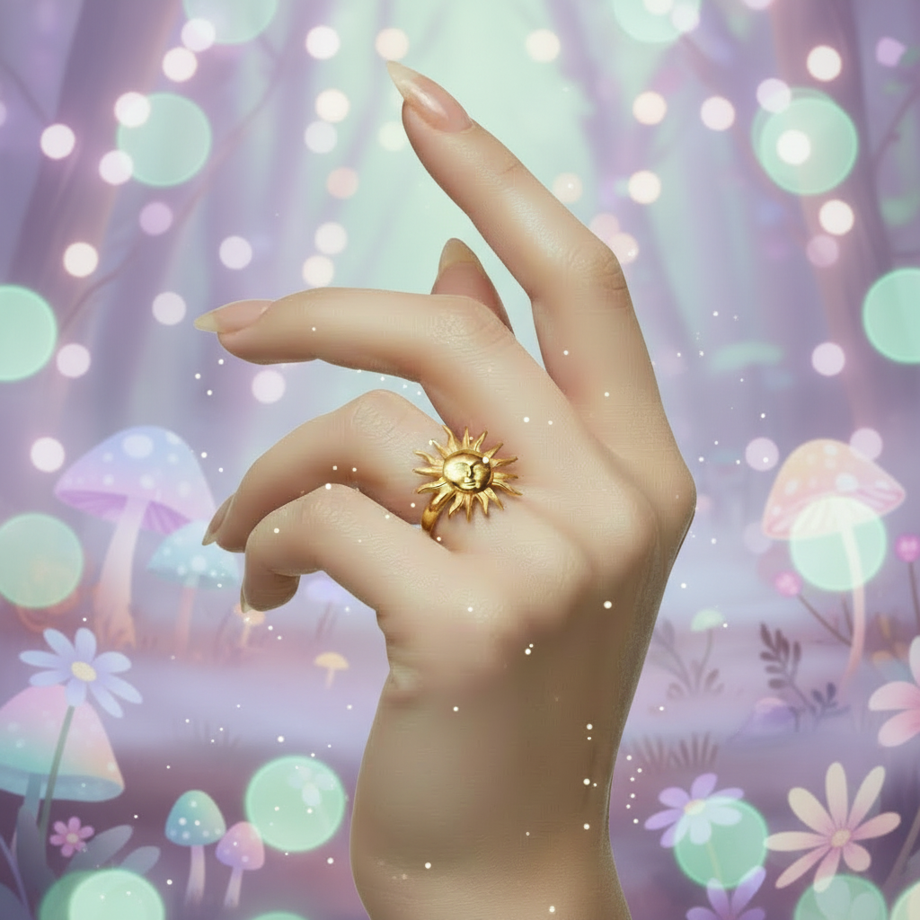 Hand wearing a gold ring with a sun design against a magical forest background
