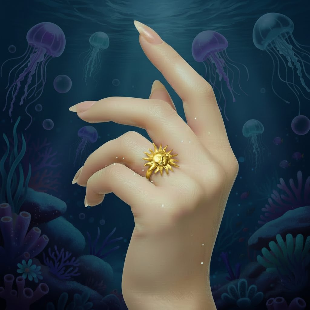 A hand with manicured nails wears a gold sun-face ring, set against a dark underwater scene with jellyfish and coral.