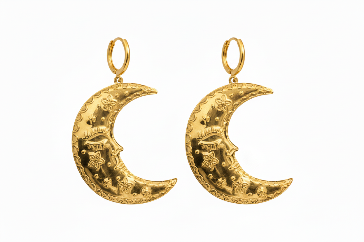 Gold crescent moon earrings on a white background