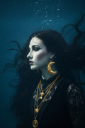 A woman underwater wearing ornate gold jewelry, including a large crescent moon earring and layered gold necklaces, with long dark hair flowing around her against a deep blue background.