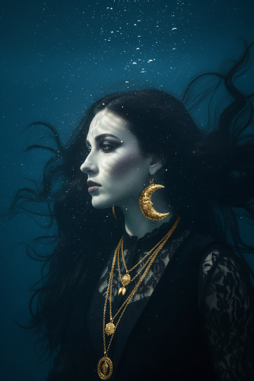 A woman underwater wearing ornate gold jewelry, including a large crescent moon earring and layered gold necklaces, with long dark hair flowing around her against a deep blue background.