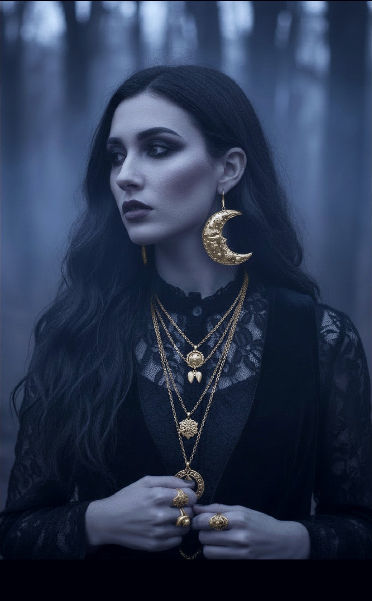 Woman in a dark forest wearing gold crescent moon earrings