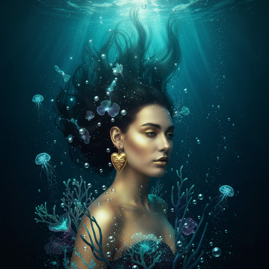 Underwater fantasy portrait of a woman with dark hair floating upward in blue water, surrounded by jellyfish, bubbles, and coral, wearing a gold heart-shaped earring.