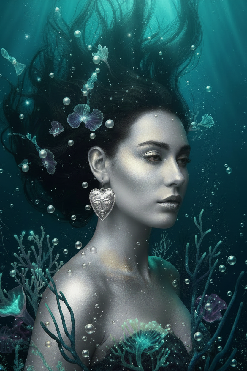 Underwater portrait of a woman with dark hair floating around her, wearing a heart-shaped silver earring, surrounded by bubbles, coral, and sea plants in deep teal tones.