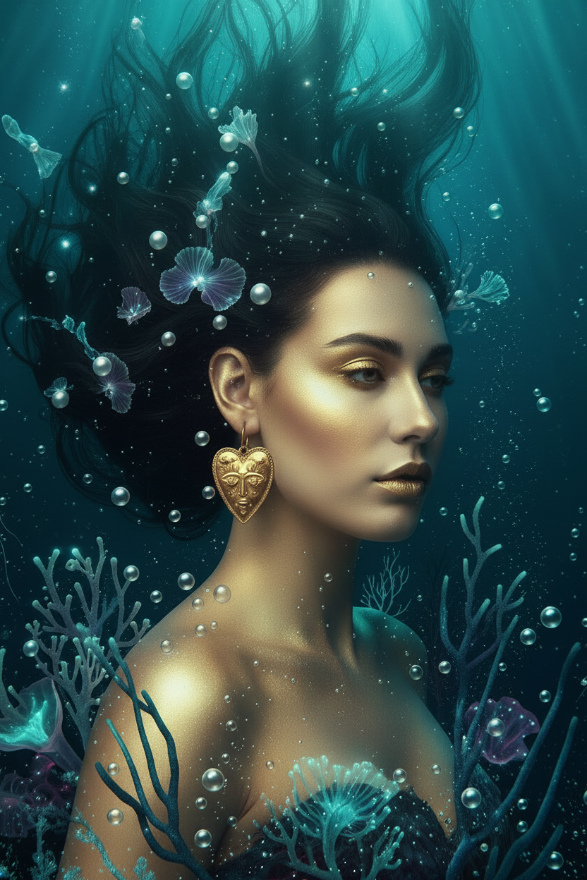 A woman underwater with glowing teal-blue water, bubbles, coral, and a large ornate gold heart earring on her ear.