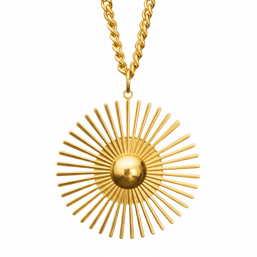 A gold sunburst pendant necklace with a central dome and radiating spikes, suspended from a gold chain against a plain white background.