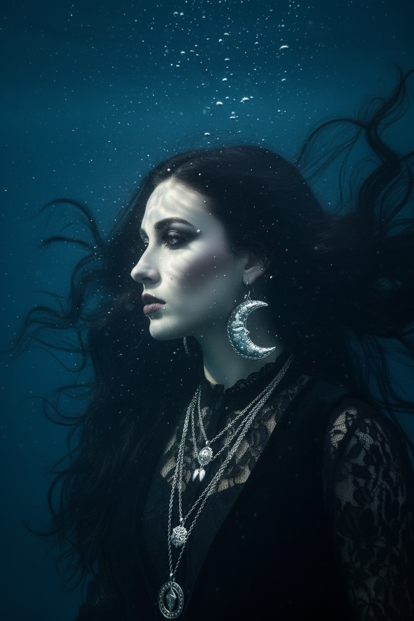 A woman underwater wearing large silver crescent moon earrings, layered silver necklaces, and a black lace top, with dark hair floating around her in deep blue water.