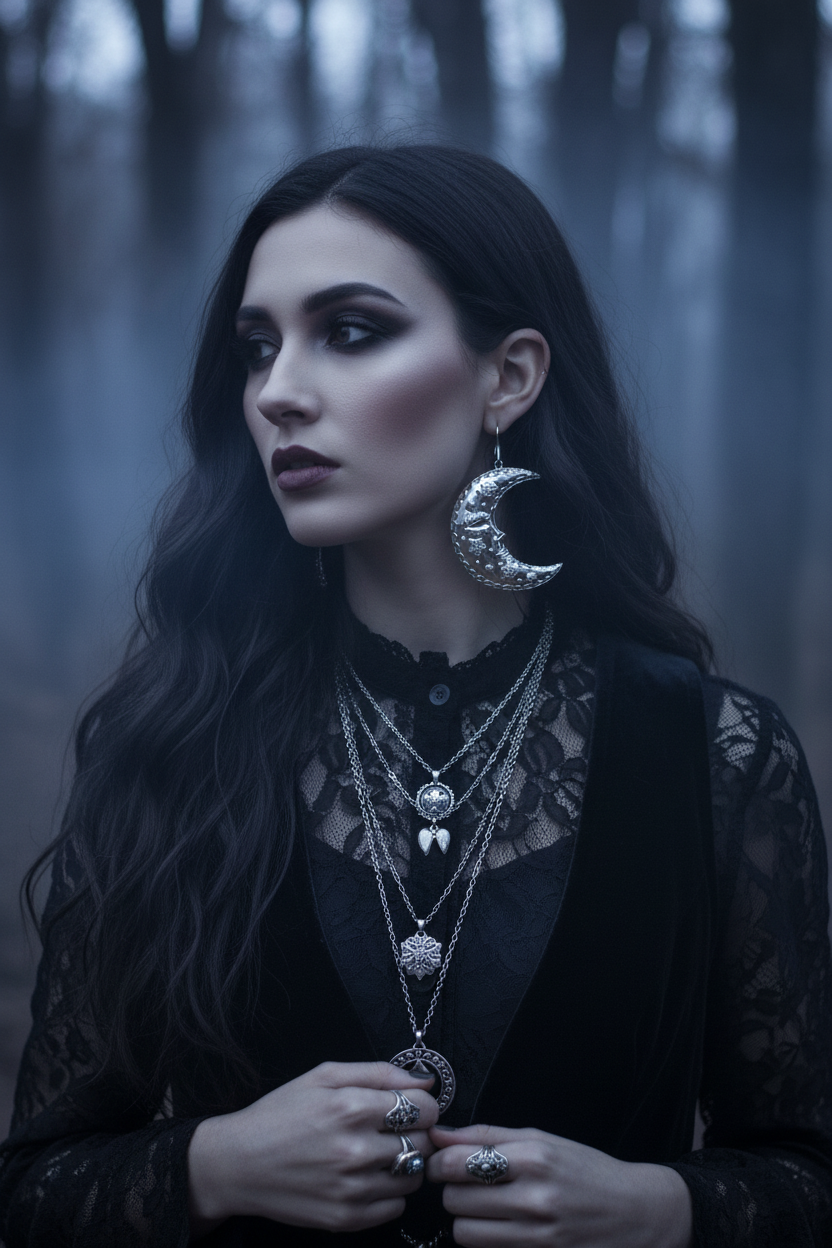 Woman in a dark forest wearing intricate silver moon earrings