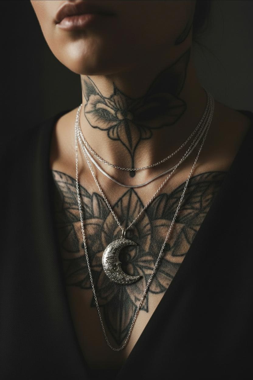 A close-up of a person's neck and chest wearing layered silver necklaces, including a prominent crescent moon pendant, over a black top against a dark background.