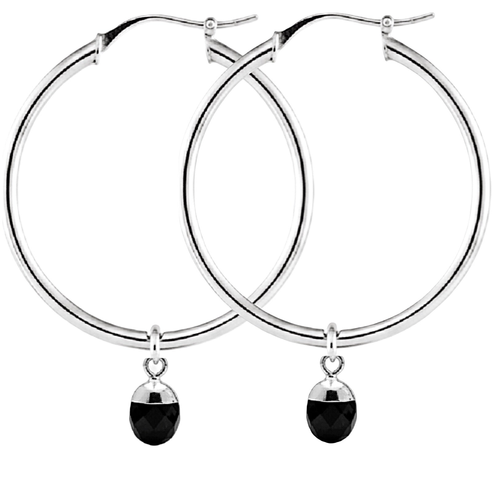 Silver hoop earrings with black crystals on a white background