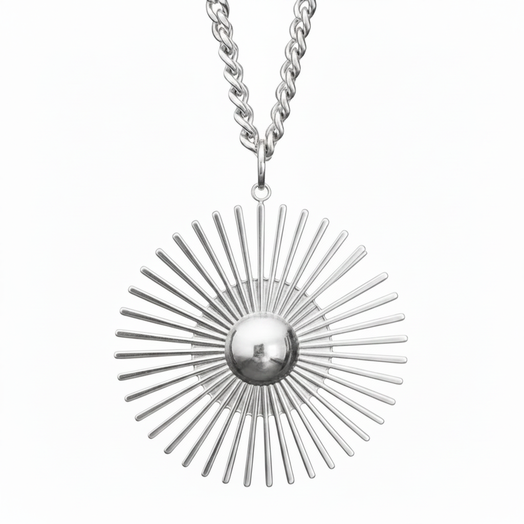 A silver sunburst pendant necklace with a central polished sphere and radiating spikes, suspended from a silver curb chain against a plain white background.