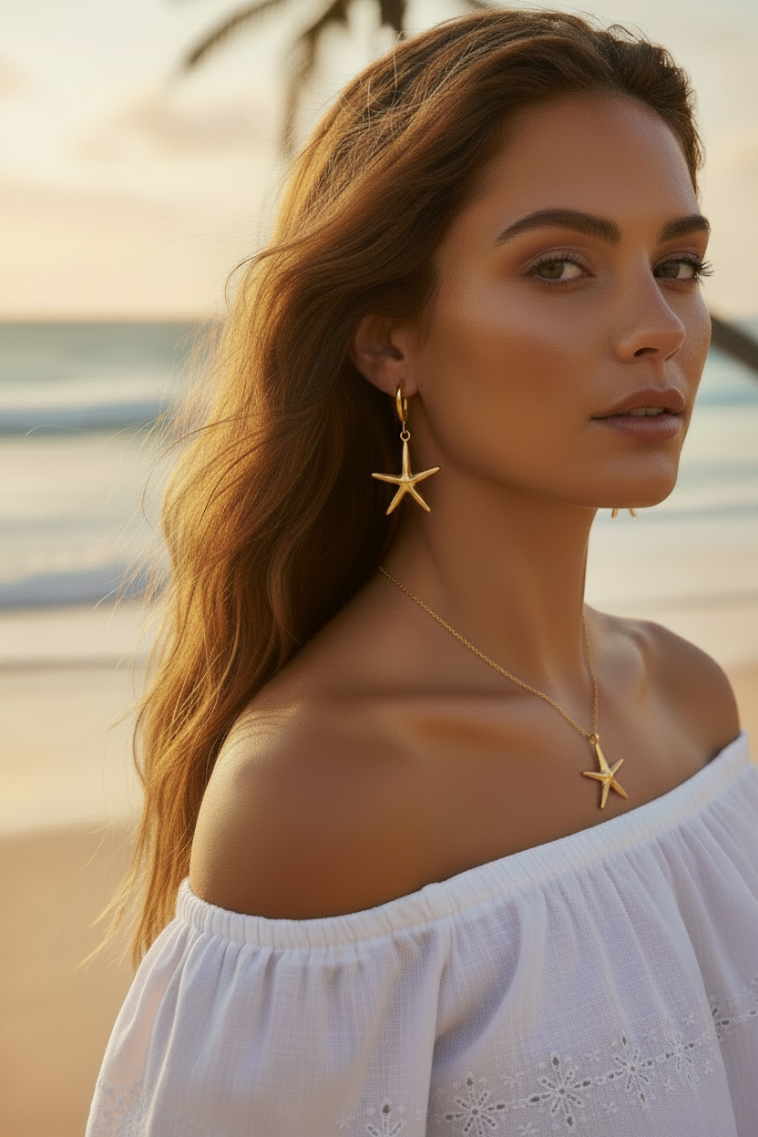 Woman wearing starfish earrings and necklace on a beach
