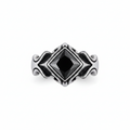 A silver-toned gothic-style ring featuring a large, faceted black diamond-shaped gemstone in the center, set against a clean white background.
