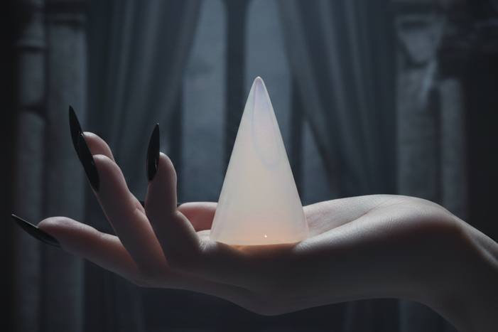 Hand holding a cone-shaped opal against a dark background