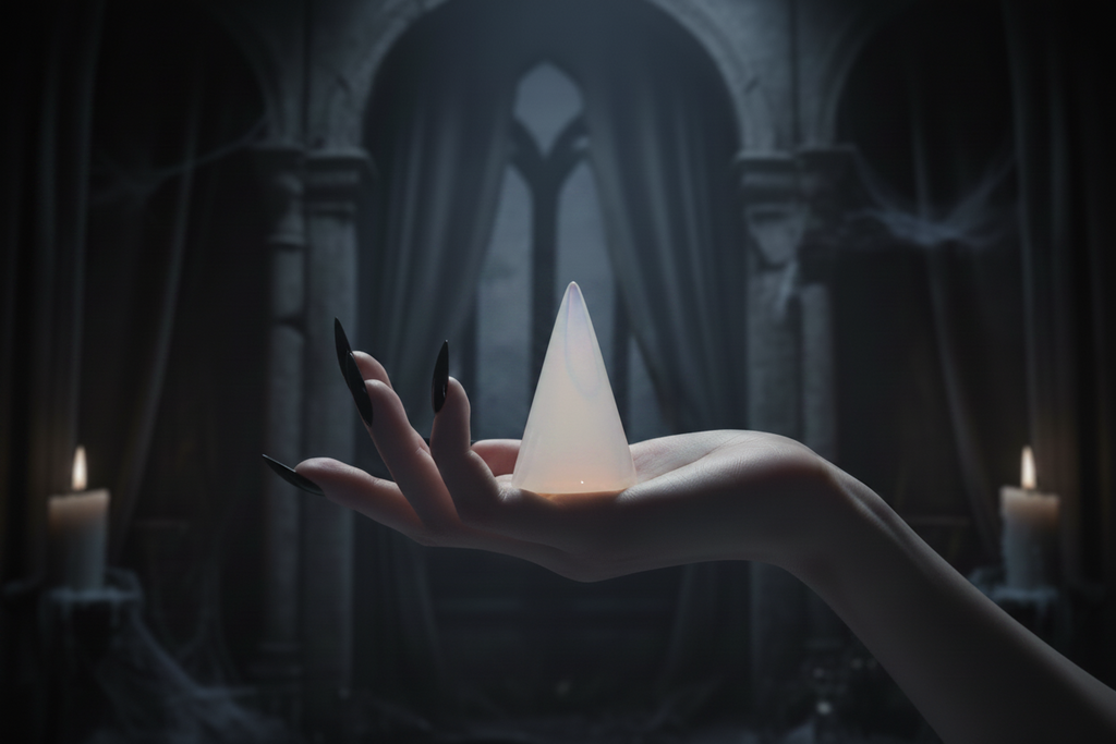 Hand holding a cone shaped opal against a dark background 