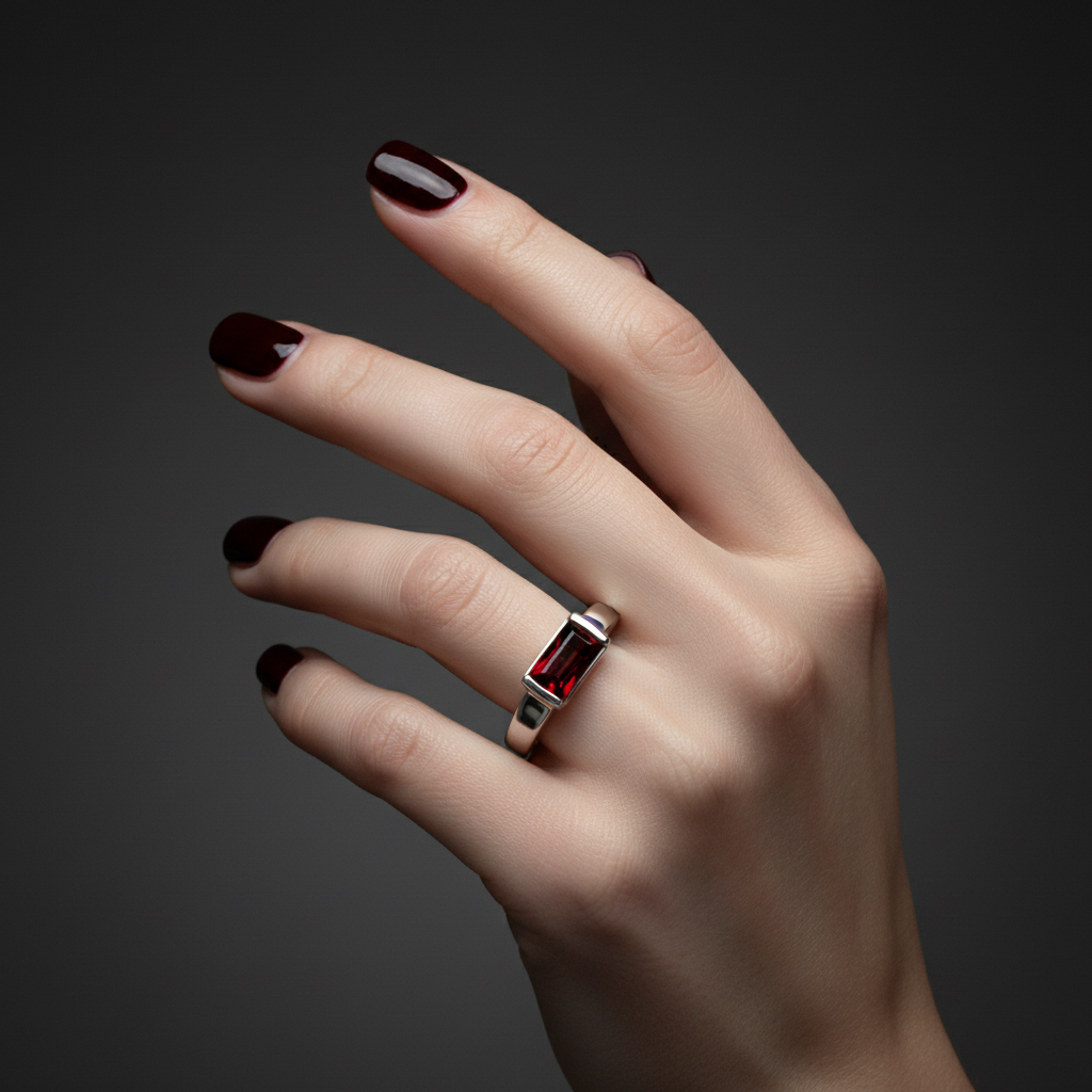 A silver ring with a rectangular red gemstone, worn on a hand with dark red nail polish against a dark gray background.